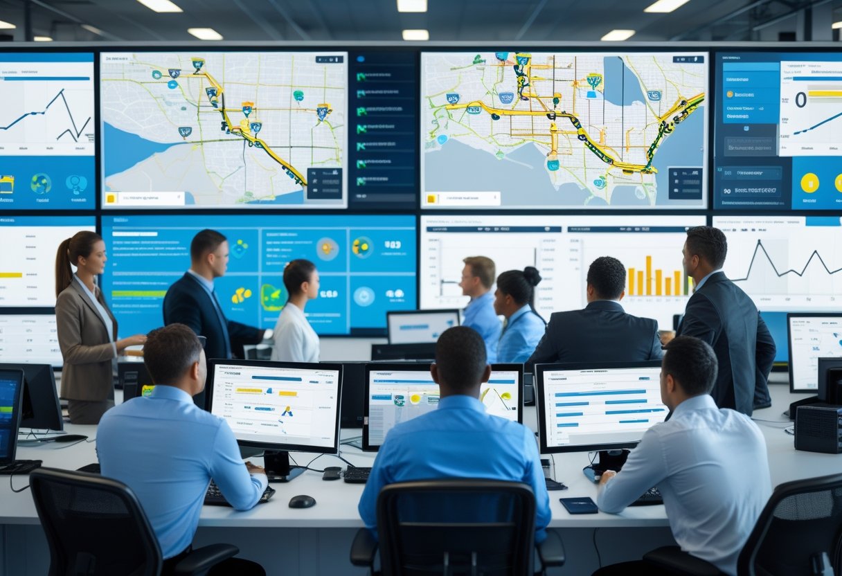 A team of professionals monitoring multiple screens showing GPS maps and vehicle routes in a fleet management control room.