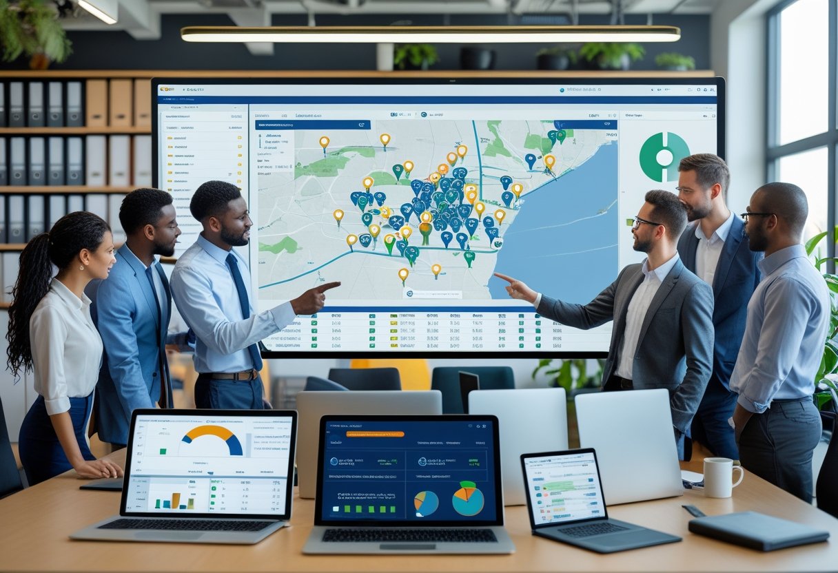 A team of professionals in an office reviewing a large digital map showing real-time vehicle locations for fleet management.