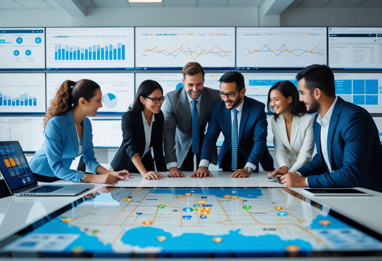 A team of professionals working in a modern office with large screens displaying maps and vehicle tracking data.