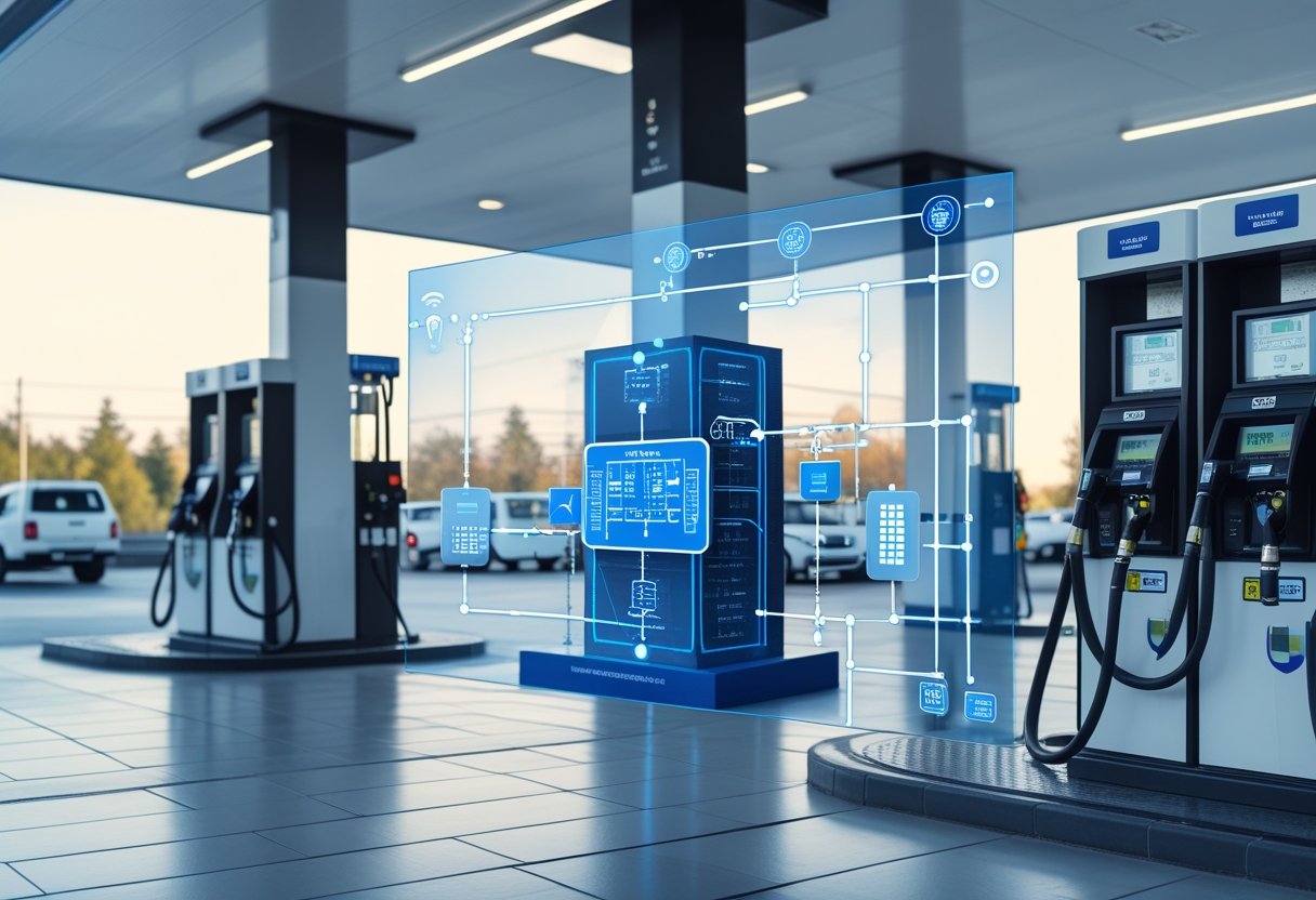 A fuel station with fuel pumps and a transparent overlay showing the interconnected components of a fuel dispensing tracking system.