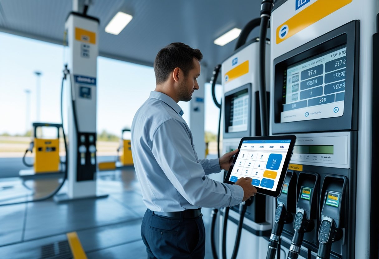 A technician uses a tablet to monitor fuel dispensing equipment at a modern fuel station with digital fuel pumps and storage tanks.