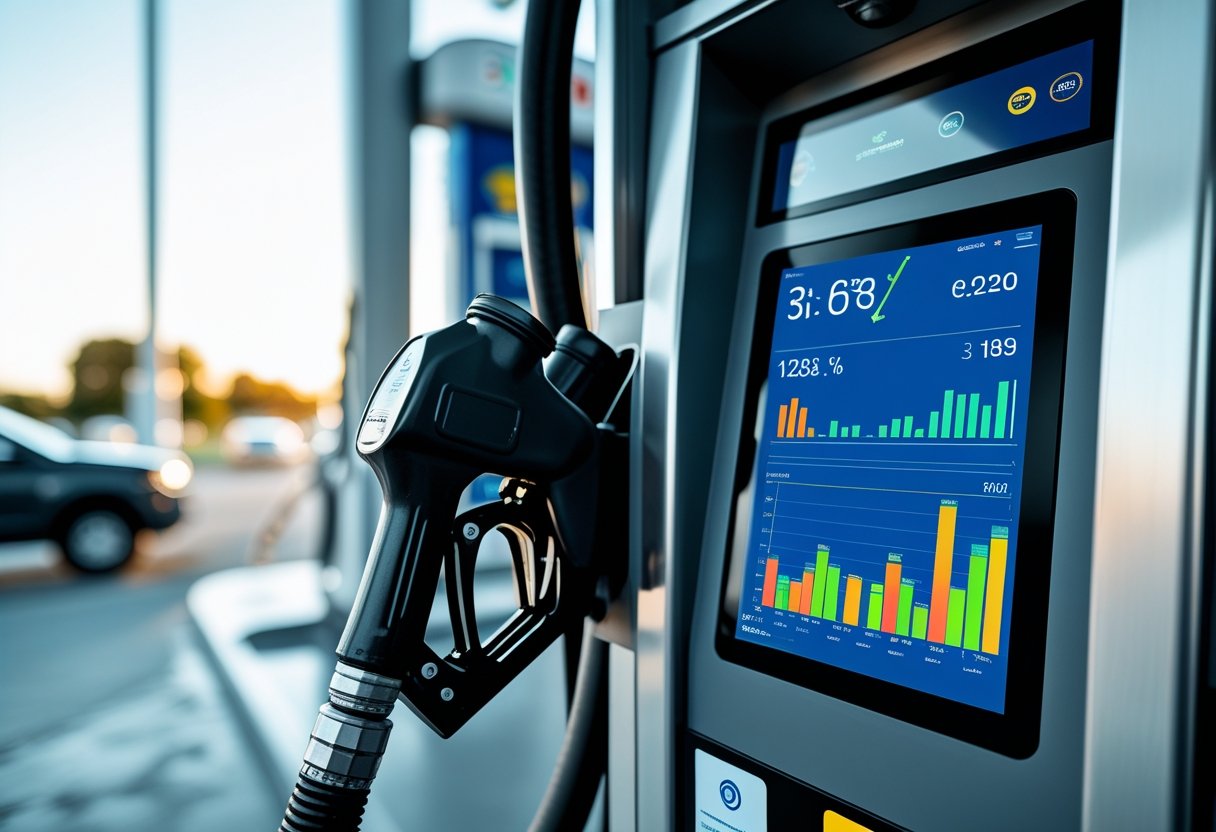 Close-up of a fuel pump with a digital display and touchscreen interface tracking fuel dispensing, with a nozzle inserted into a vehicle's fuel tank.