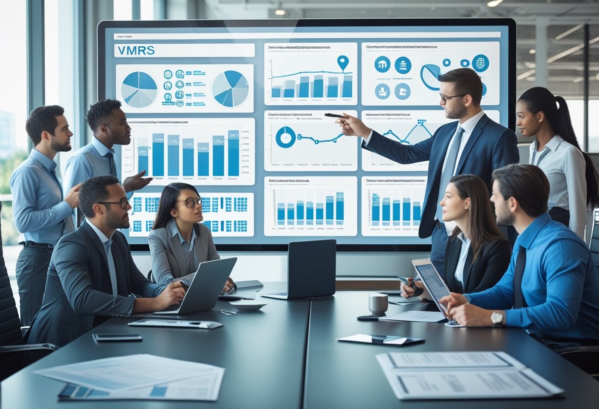 A group of business professionals discussing data and charts around a conference table in an office.