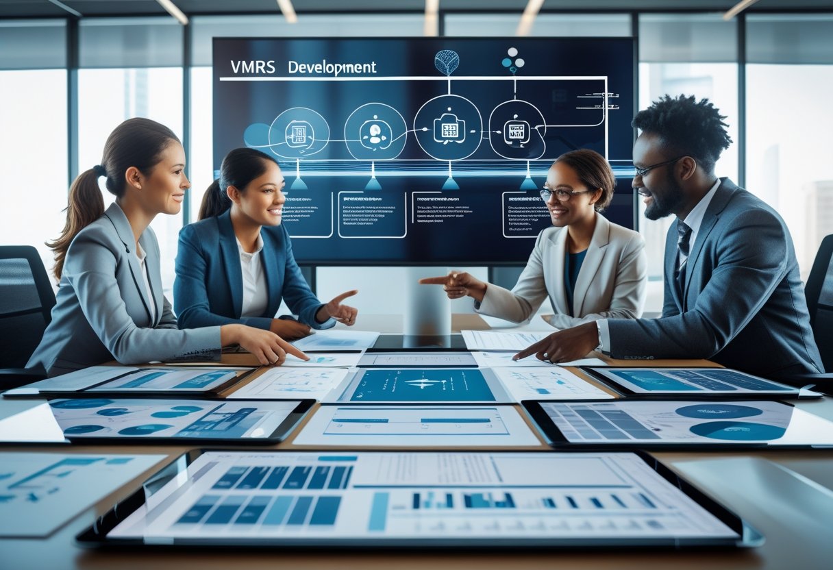 A group of professionals collaborating around a table with charts and digital tablets in a modern office, discussing vehicle maintenance data with a timeline displayed on a screen behind them.