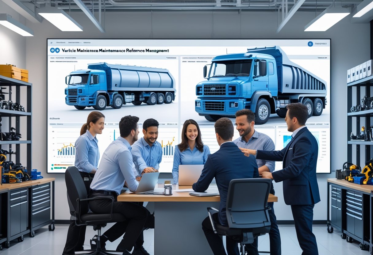 A group of professionals collaborating around a digital screen showing 3D truck parts and data in a modern office with shelves of mechanical parts in the background.