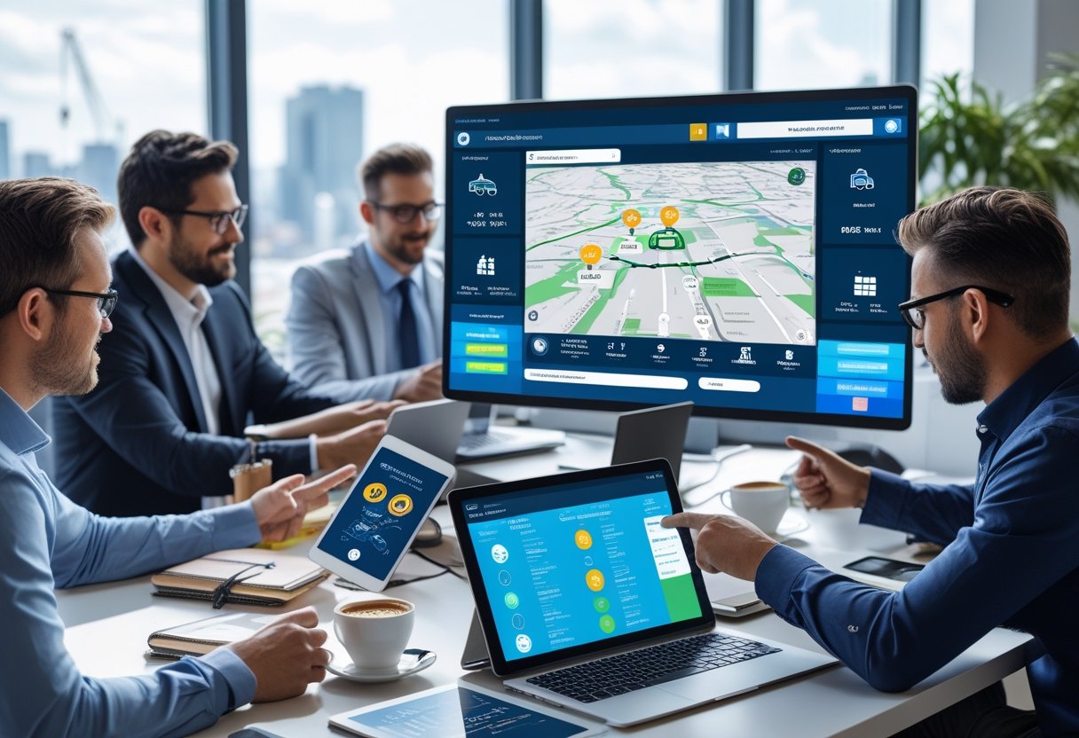 A team of professionals using digital devices to monitor and manage vehicle locations and routes in an office setting.