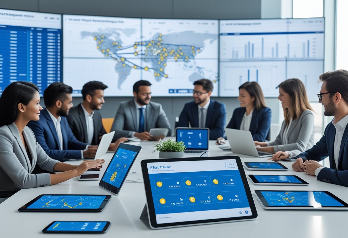 A team of professionals in an office using tablets and laptops showing fleet tracking maps and data, with large screens displaying vehicle routes in the background.