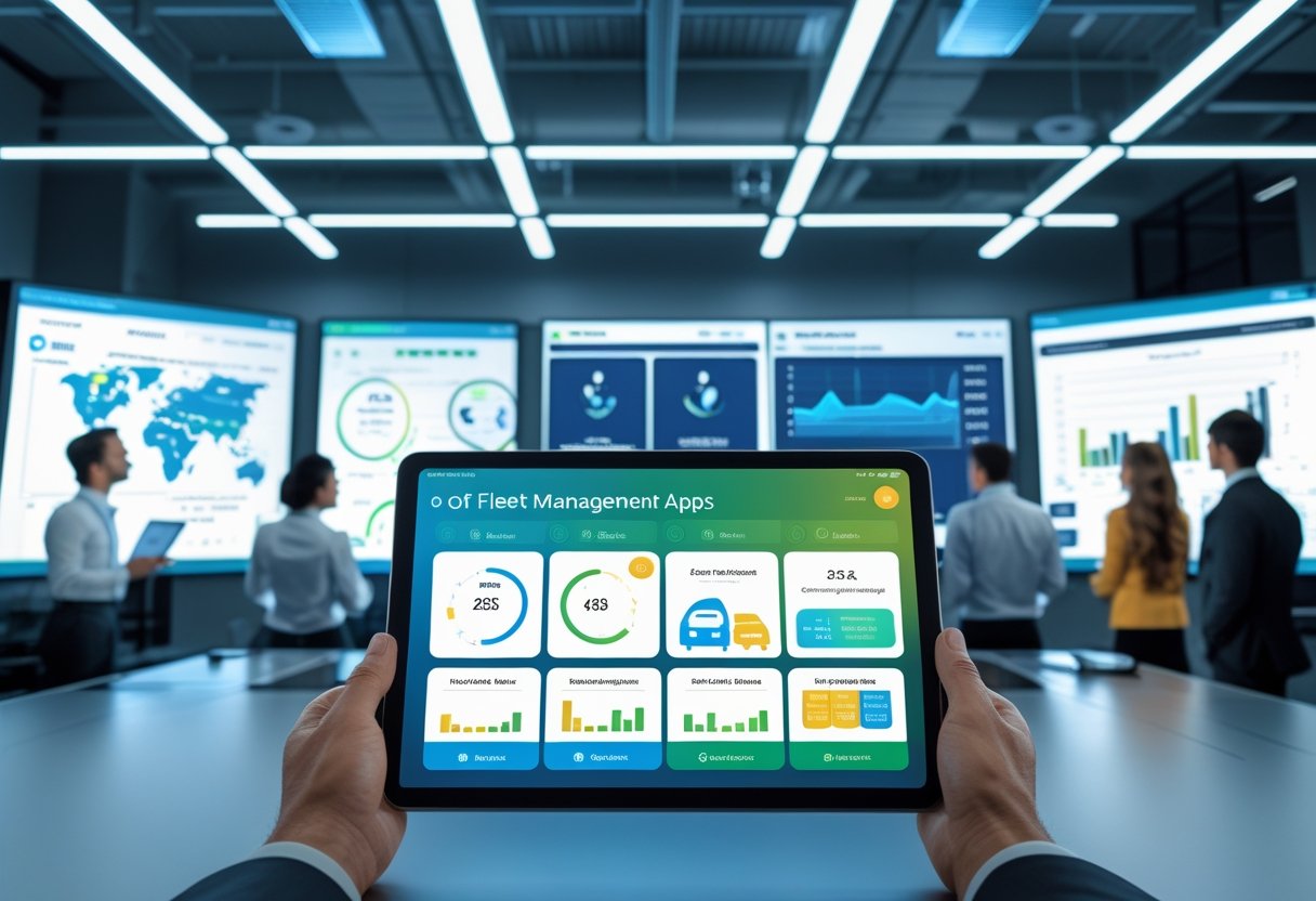 A team of professionals in an office looking at digital screens and a tablet showing fleet management data and vehicle tracking.