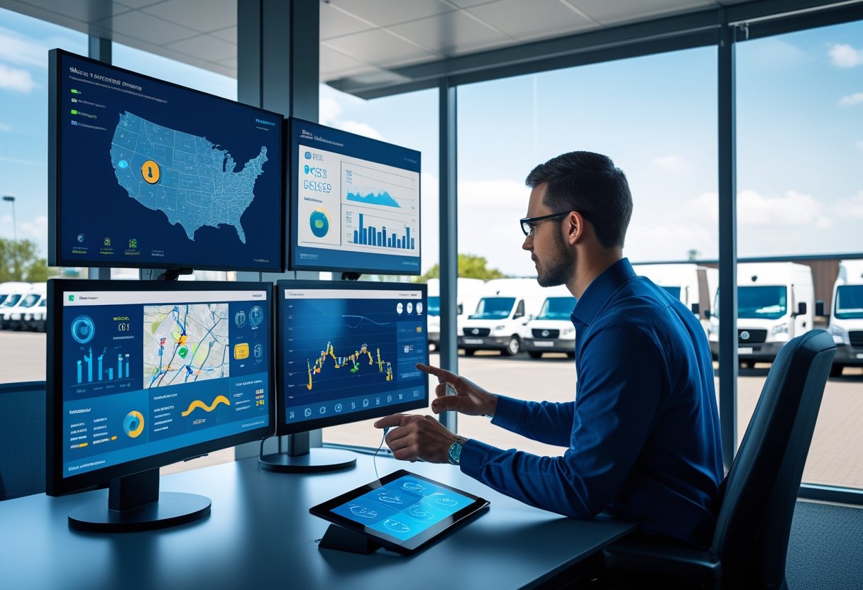 A fleet manager in an office monitors real-time vehicle tracking and data on multiple screens, with commercial vehicles visible outside a large window.