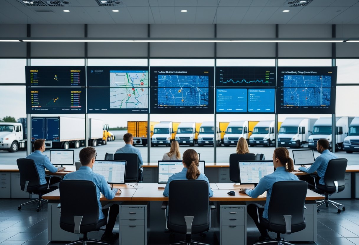 A team of professionals monitoring vehicle routes and data on large screens in a fleet telematics control center with delivery trucks visible outside.