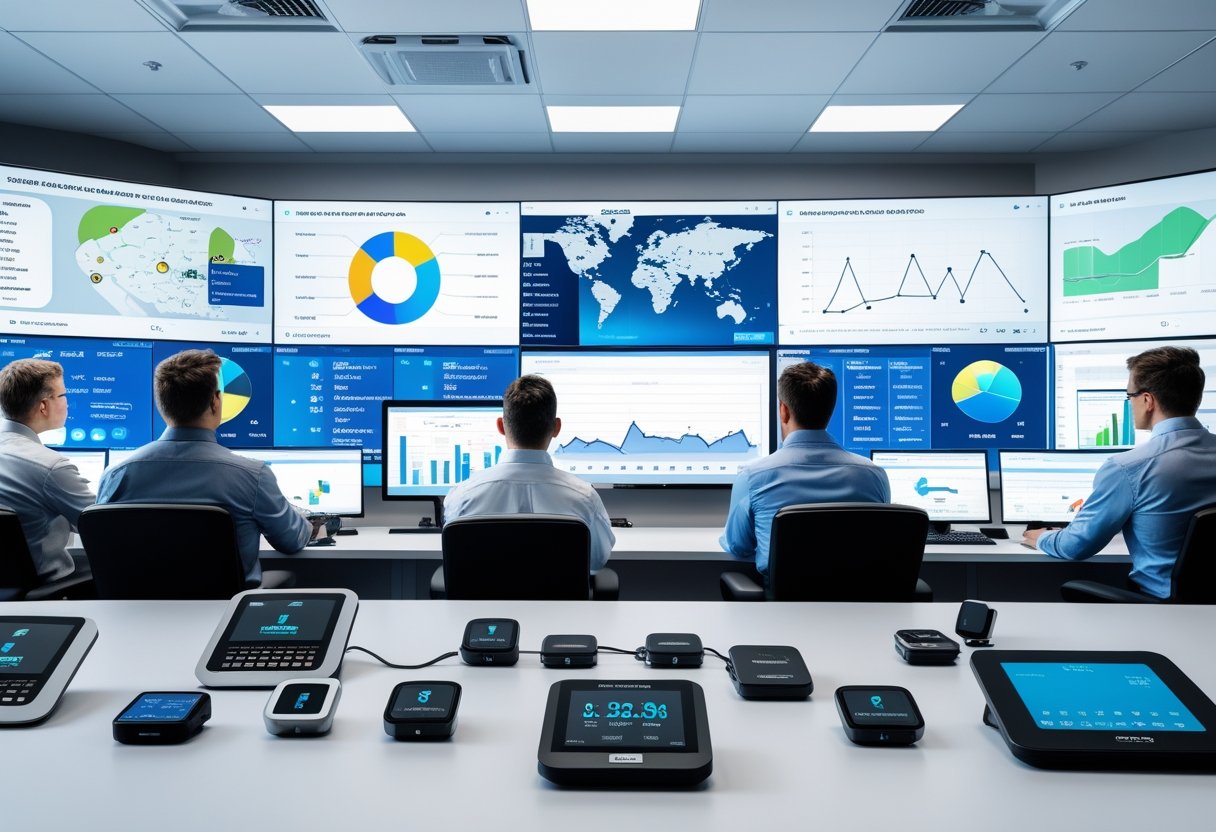 A team of professionals monitoring multiple screens with maps and data in a fleet telematics control center.