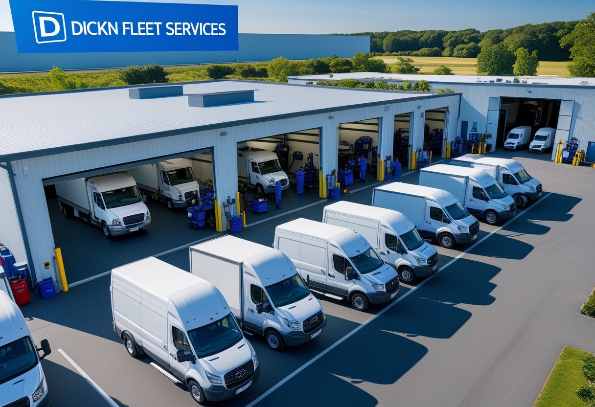 Overview of a vehicle maintenance facility with fleet trucks and technicians working on them.