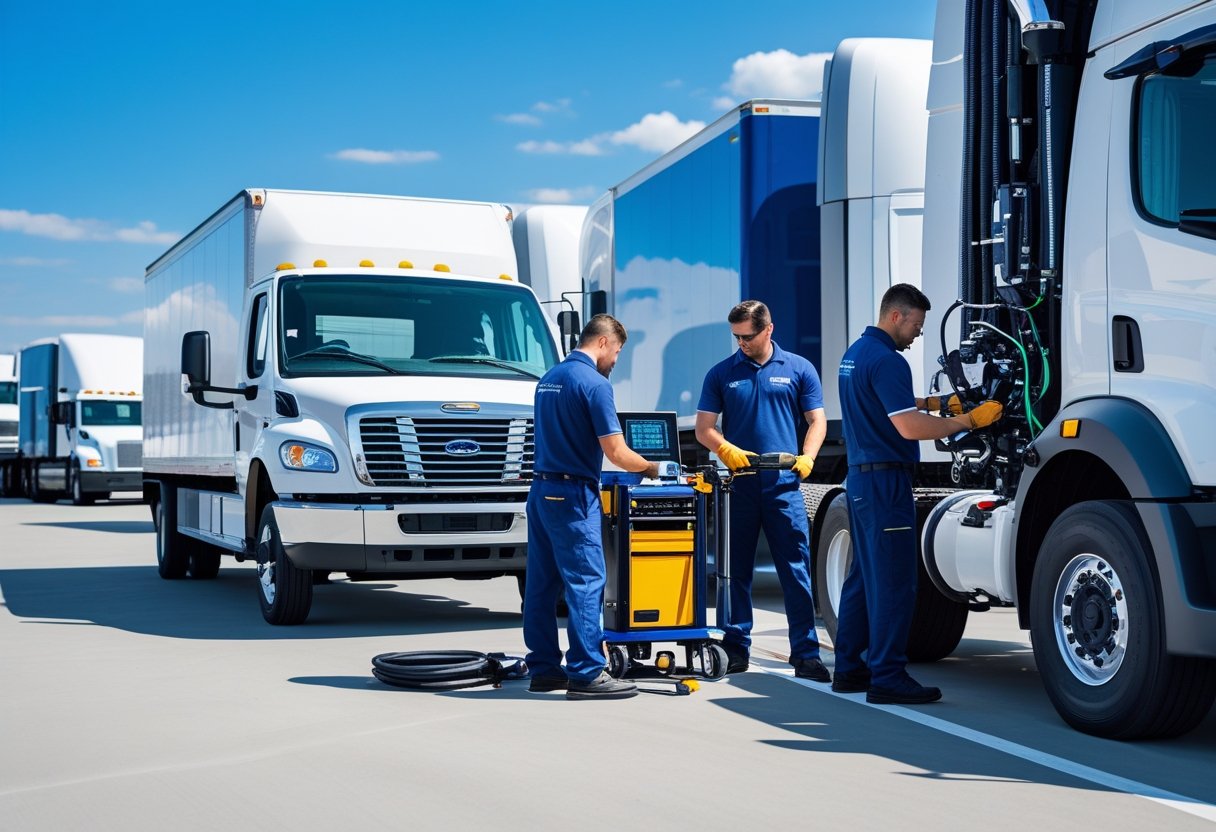 Technicians performing maintenance on a commercial truck next to a service van in a fleet yard.
