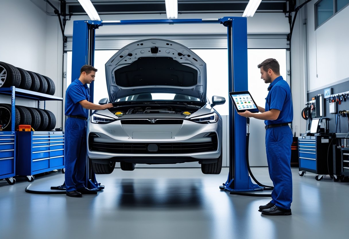 Mechanic inspecting a car engine in a clean auto repair workshop with another technician holding a digital tablet.