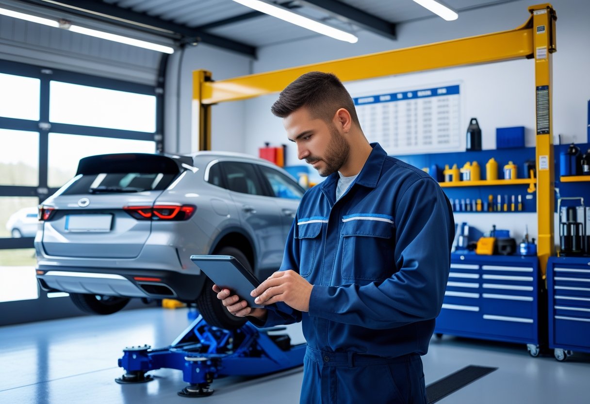 A mechanic inspecting a car on a lift in a clean automotive workshop with tools and equipment neatly arranged in the background.