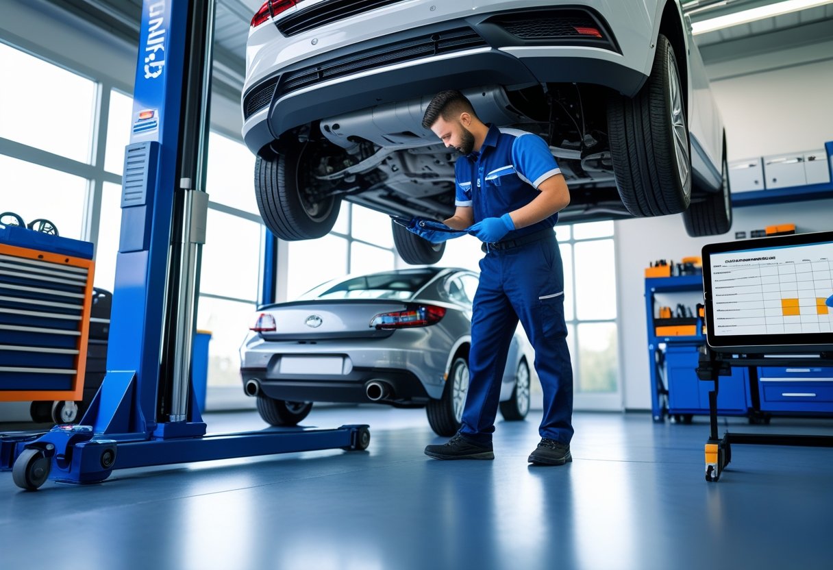 A mechanic inspects a car lifted in a clean workshop with tools and a tablet showing maintenance information.