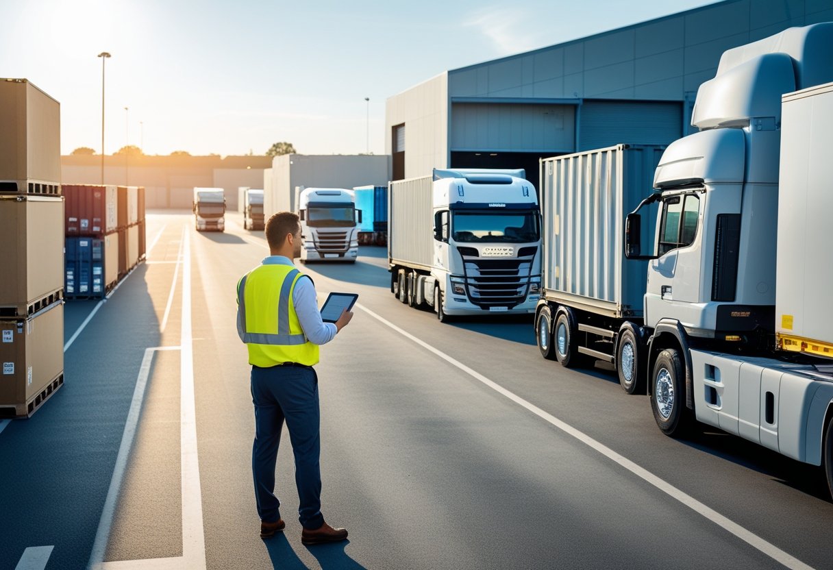 A logistics manager overseeing semi-trucks and shipping containers at a busy trucking logistics hub.
