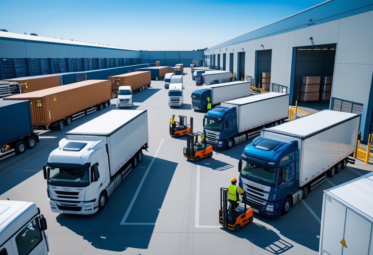A busy logistics hub with several types of trucks and workers loading and unloading cargo near warehouses.