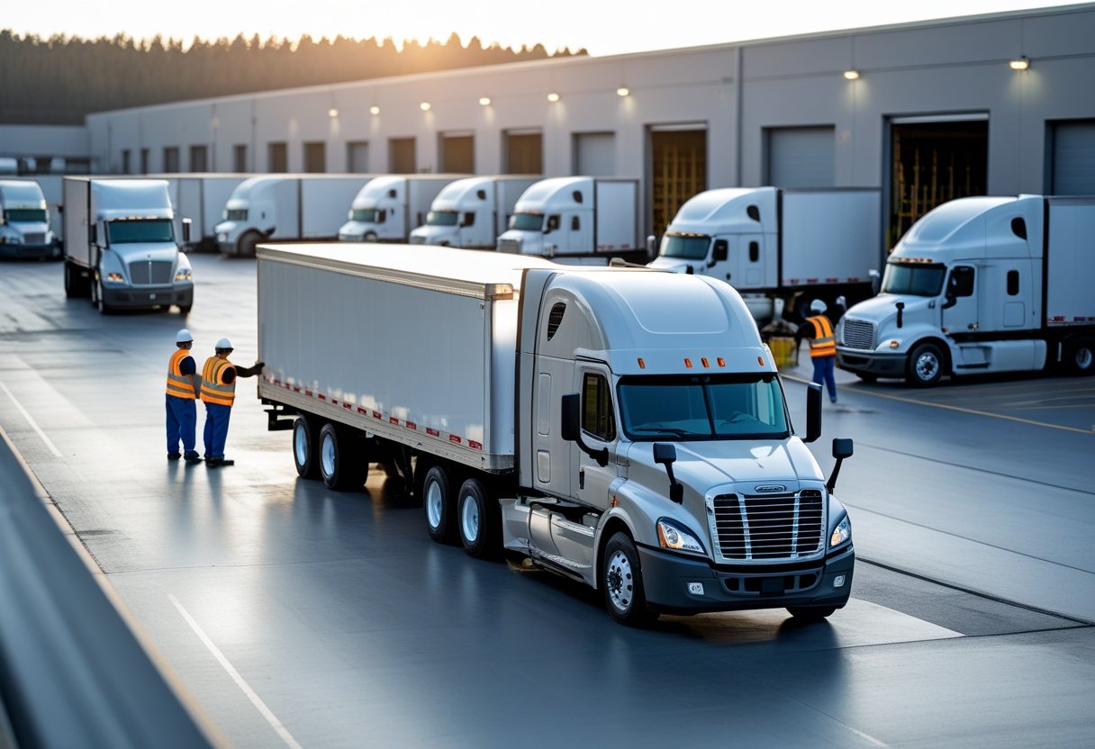 A large semi-truck parked at a busy distribution center with warehouses and workers loading cargo.