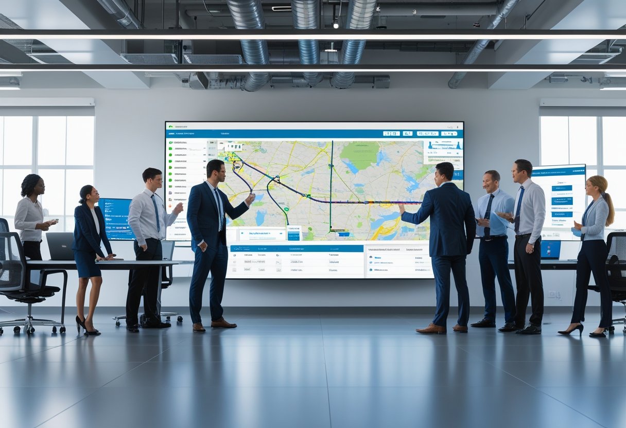 A group of professionals working together around a digital touchscreen displaying maps and vehicle tracking data in a modern office.