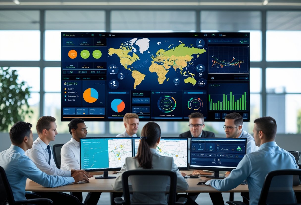 A team of professionals monitoring vehicle tracking data on computer screens in a modern office with large windows.