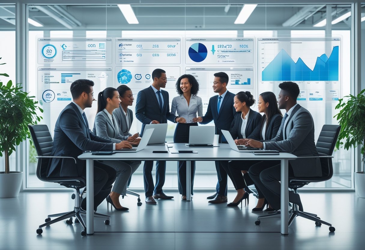 A diverse group of business professionals collaborating around a conference table with digital screens showing data and maps in a modern office.