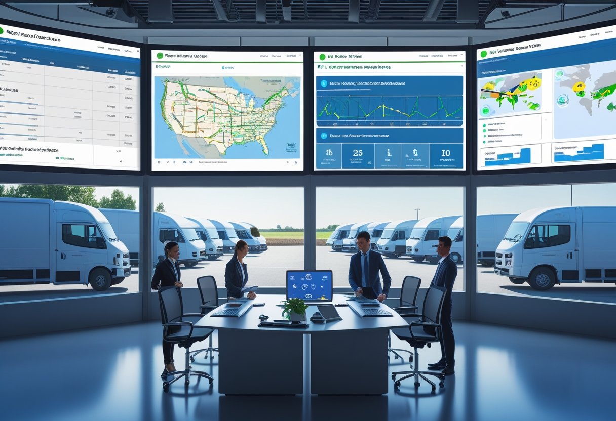 A team of professionals working in a logistics control room with digital screens showing vehicle routes and data, while delivery trucks are parked outside in an organized fleet yard.