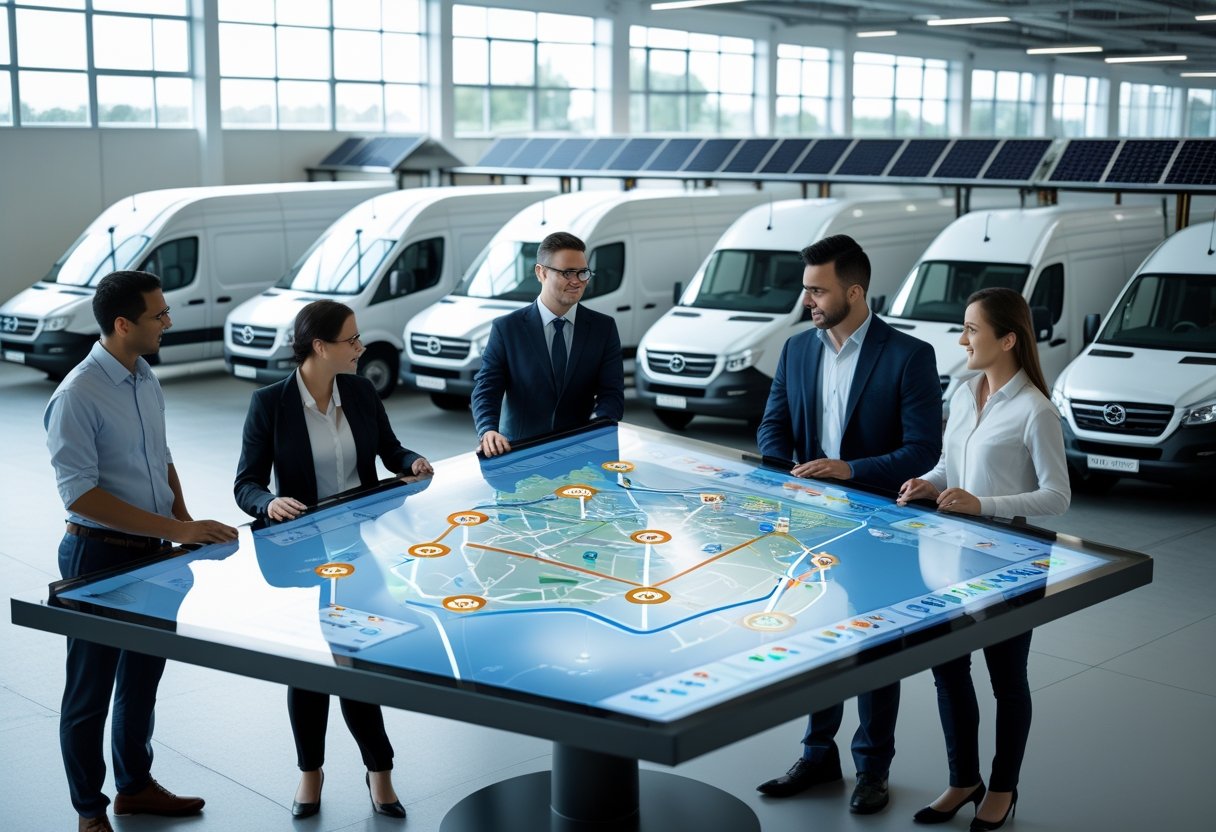 A team of professionals collaborating around a digital table showing vehicle routes and data, with a fleet of delivery trucks parked outside a modern logistics depot.