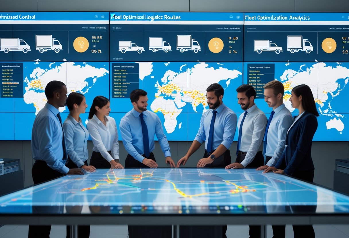 A team of professionals analyzing vehicle routes and data on digital screens in a logistics control room.