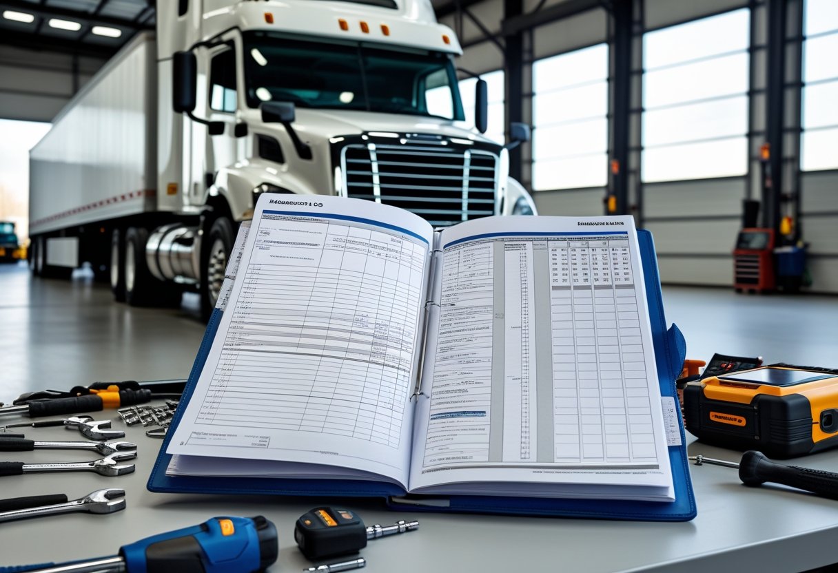 A mechanic's workspace with a maintenance log on a workbench surrounded by tools and a large truck in the background inside a garage.