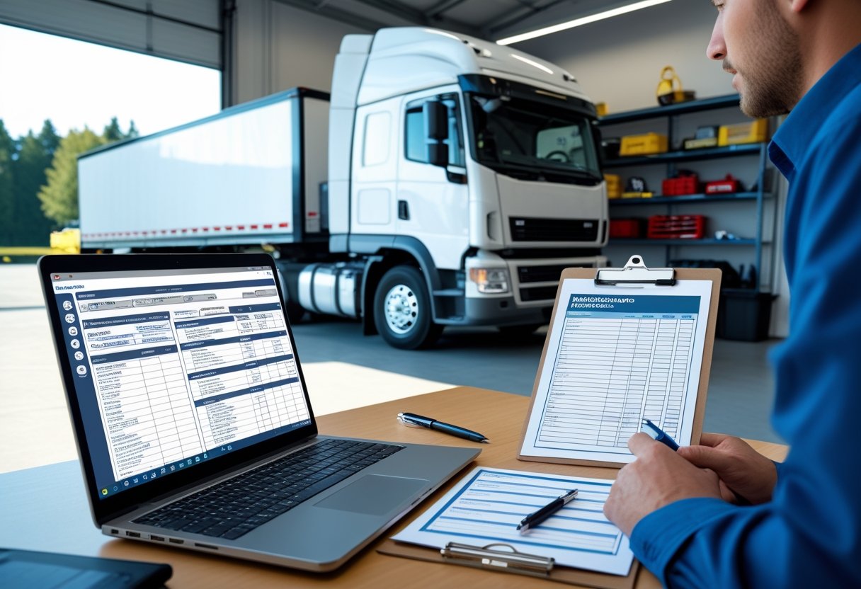 A person working at a desk with a laptop and clipboard, setting up a truck maintenance log, with a large truck in a garage in the background.