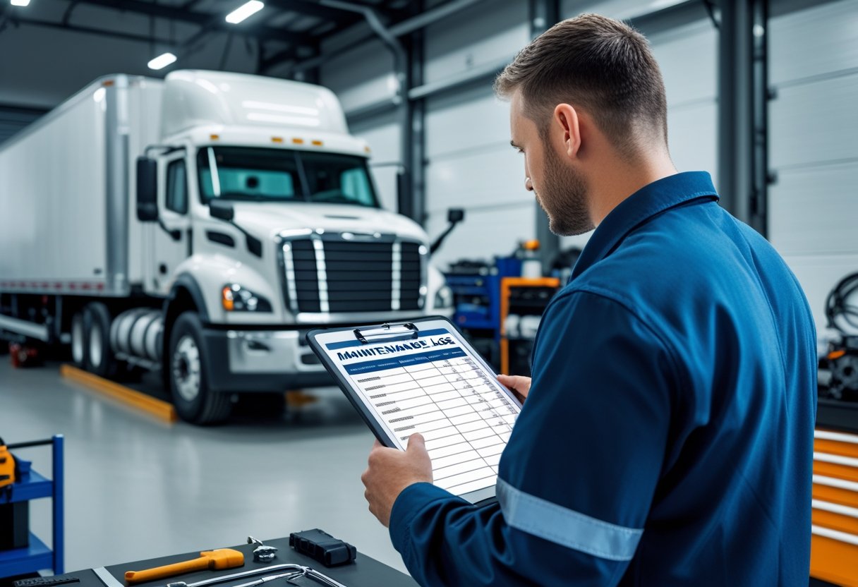 A person reviewing a maintenance log next to a parked commercial truck in a garage setting.