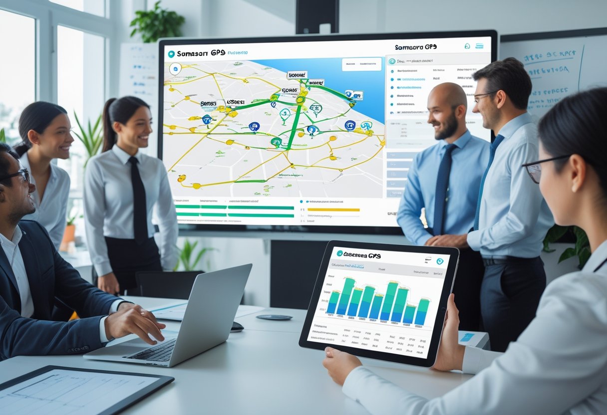 A group of professionals in an office looking at a large digital screen showing GPS tracking maps and data, with one person holding a tablet displaying similar information.
