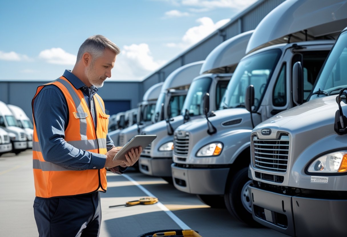 A fleet manager wearing a safety vest inspects commercial vehicles in a parking lot while holding a digital tablet.