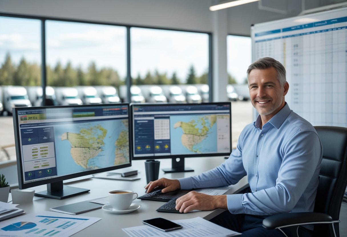 A fleet manager working at a desk with multiple monitors showing maps and vehicle data, with trucks visible outside the office window.