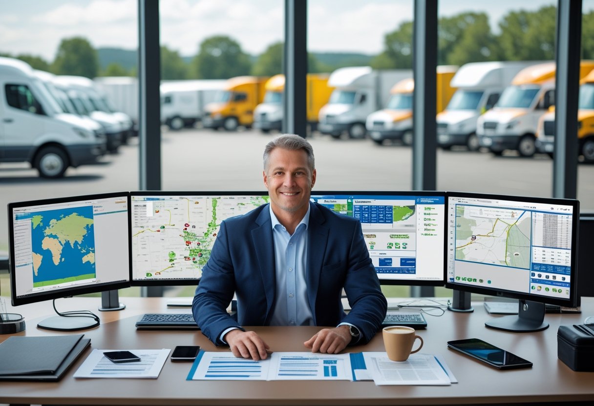 A fleet manager working at a desk with multiple monitors showing vehicle data, with a parking lot of commercial vehicles visible through a window behind them.