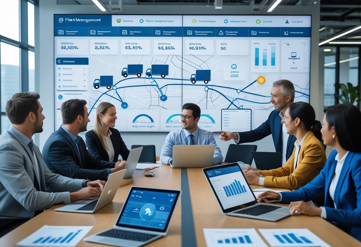 Business professionals in a meeting room reviewing fleet management data and maps on a large screen.