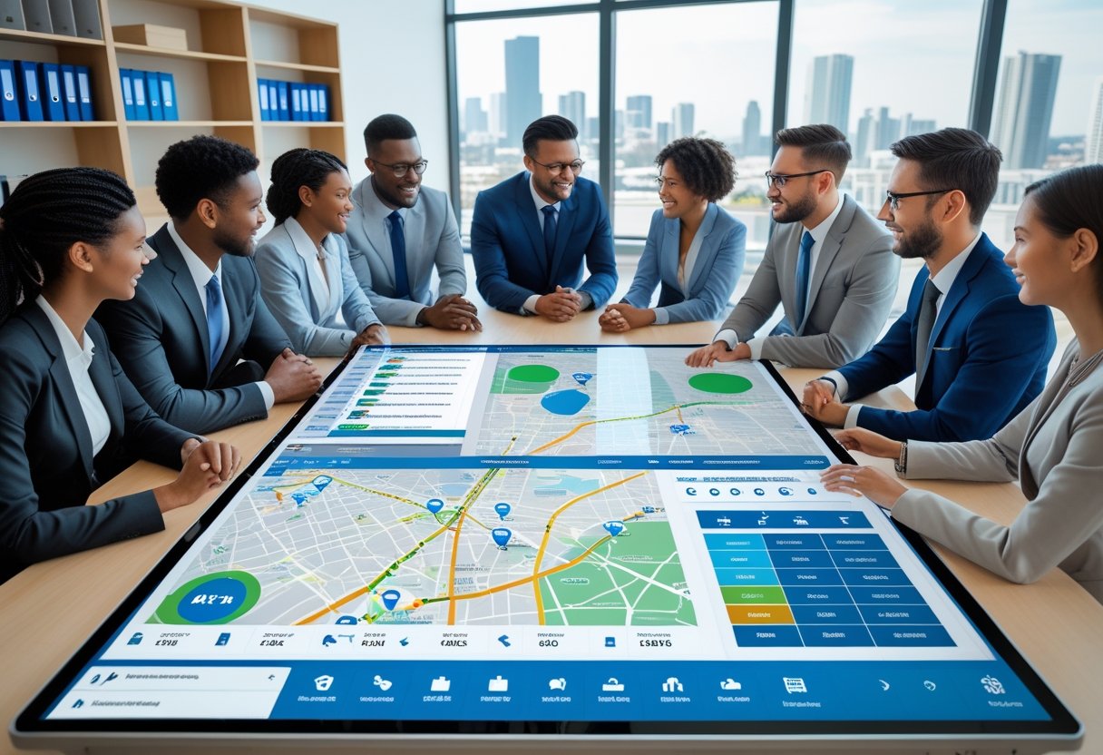 A group of professionals working together around a digital table showing vehicle routes and maps in a bright office.