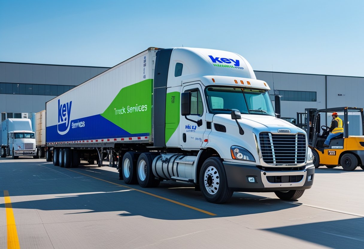 A semi-truck parked at a logistics hub with a driver checking a clipboard and forklifts operating in the background.