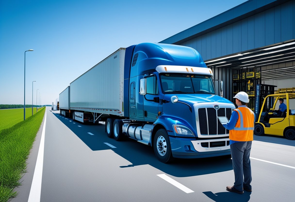 A semi-truck on a highway near a logistics warehouse with a manager inspecting loading operations.