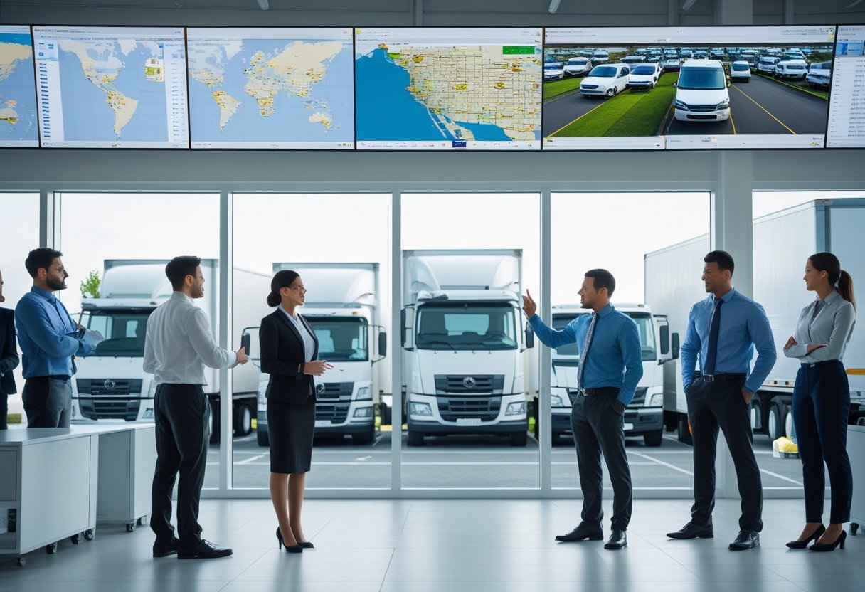 A team of professionals in an office analyzing vehicle tracking data on multiple monitors with trucks parked outside a window.