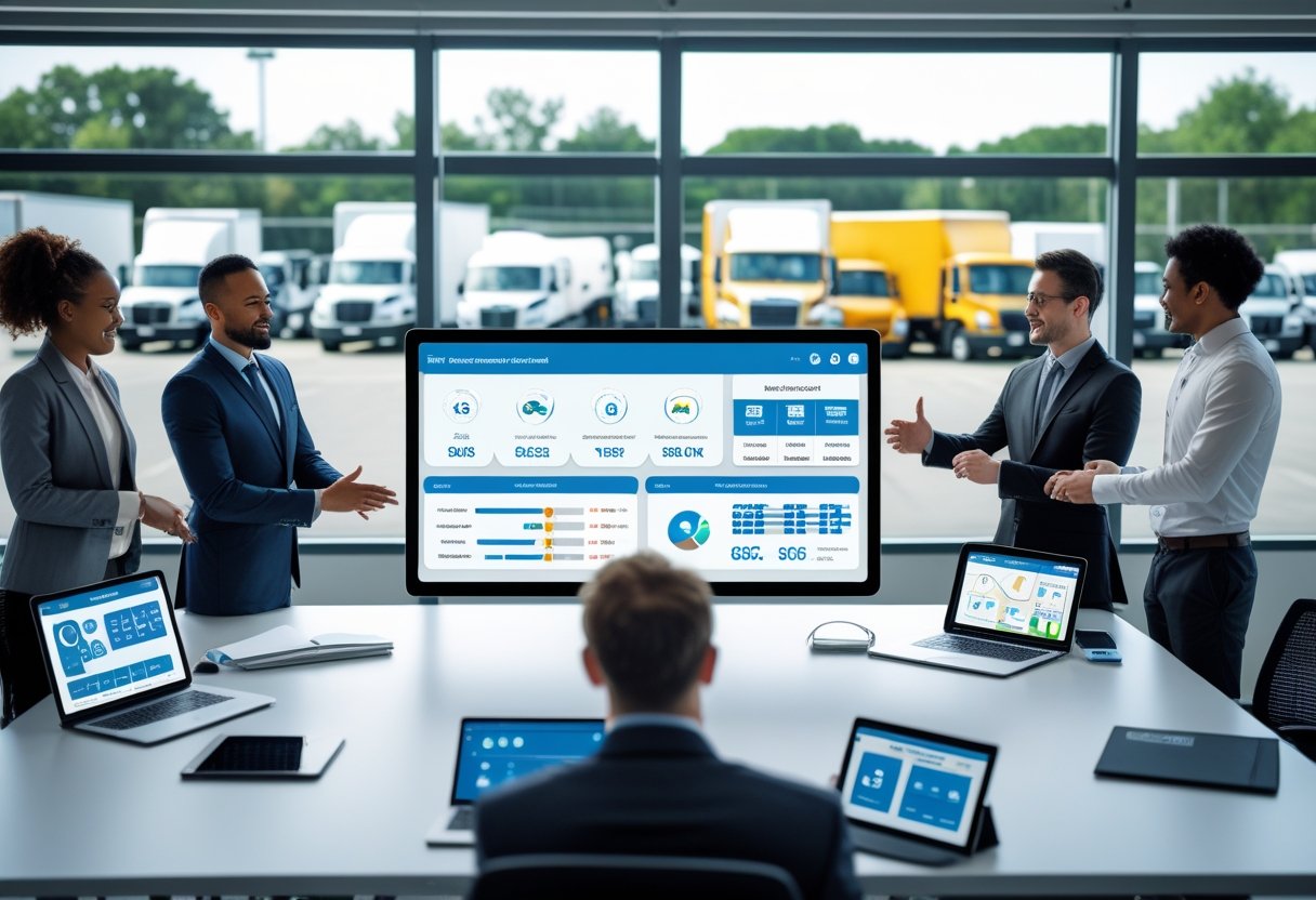 A team of professionals working around a digital table showing fleet management data with commercial vehicles visible outside.
