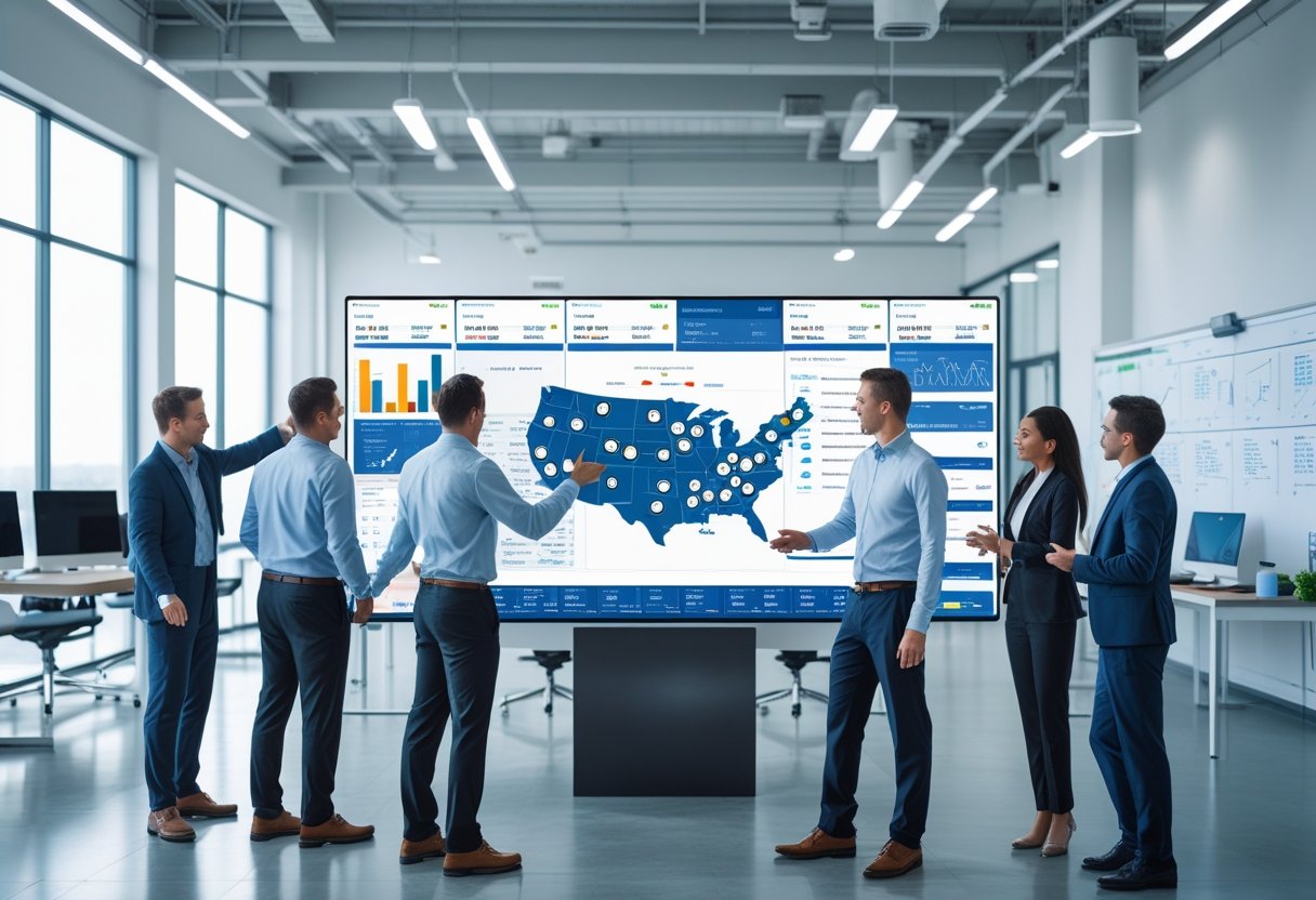 Business professionals collaborating around a digital touchscreen table showing vehicle tracking maps and data in a modern office.