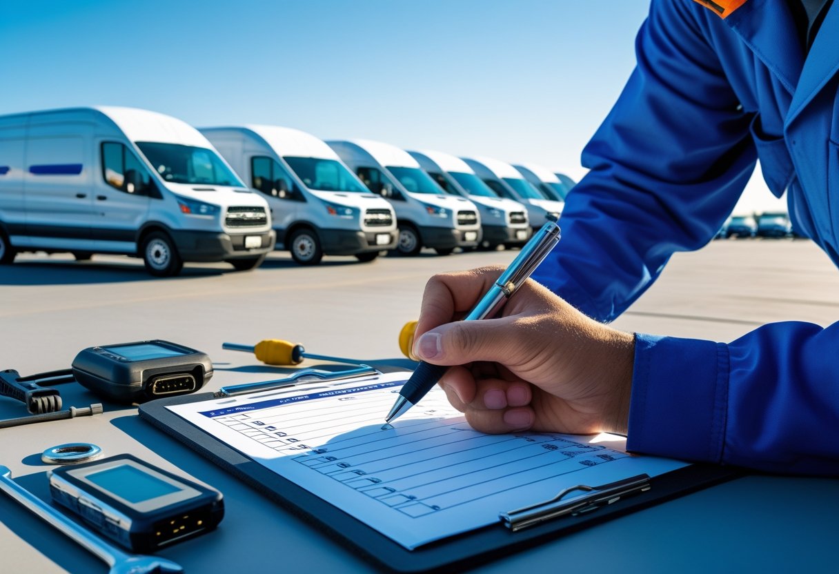 A mechanic holding a clipboard with a checklist near tools and parked commercial vehicles in an outdoor lot.