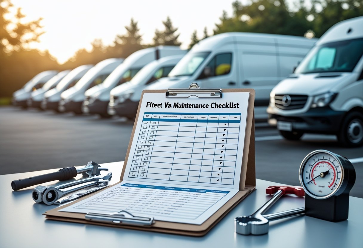 A clipboard with a vehicle maintenance checklist surrounded by tools, with several fleet vehicles parked in the background.