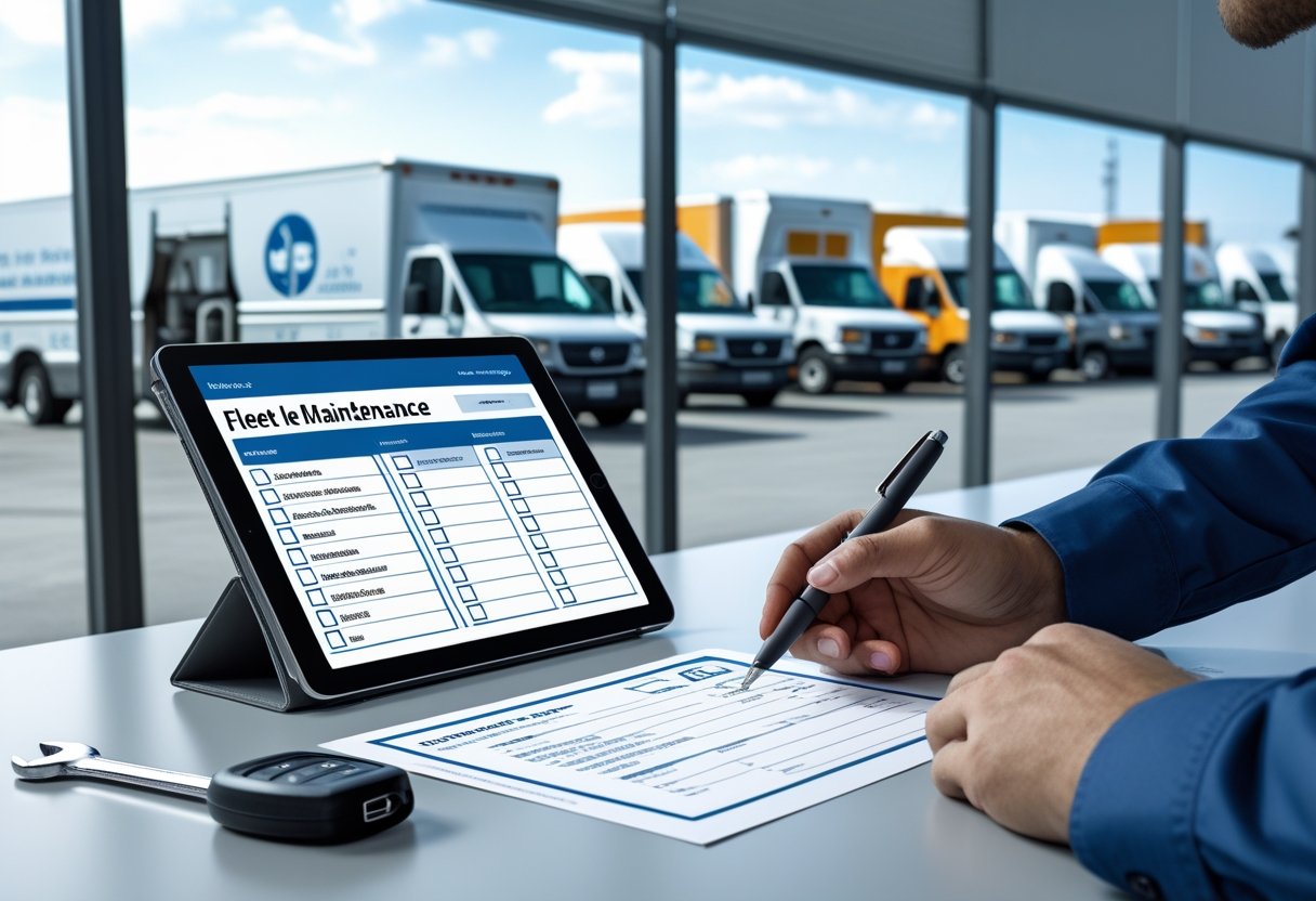 A person reviewing a vehicle maintenance checklist on a tablet and paper at a desk with fleet vehicles visible outside a window.
