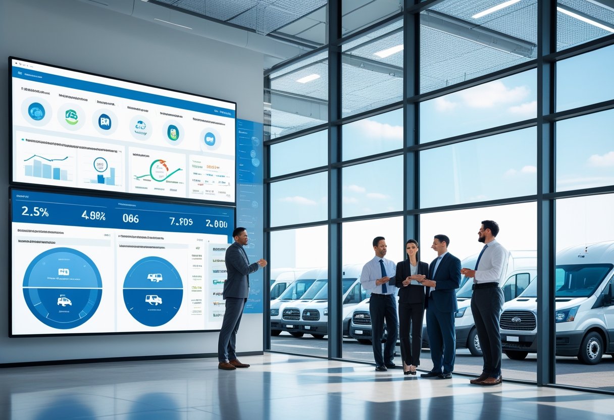 A team of professionals monitoring vehicle data on digital screens in an office with commercial vehicles parked outside.
