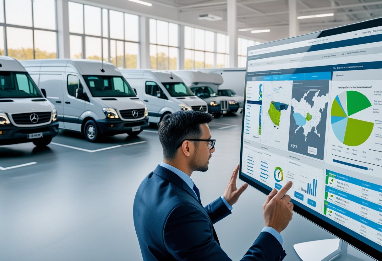 A business professional using a digital touchscreen display to manage a fleet of delivery vans and trucks parked outside.