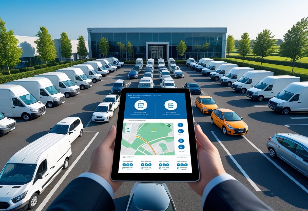 A fleet manager uses a tablet to monitor a diverse group of parked company vehicles outside a corporate building.
