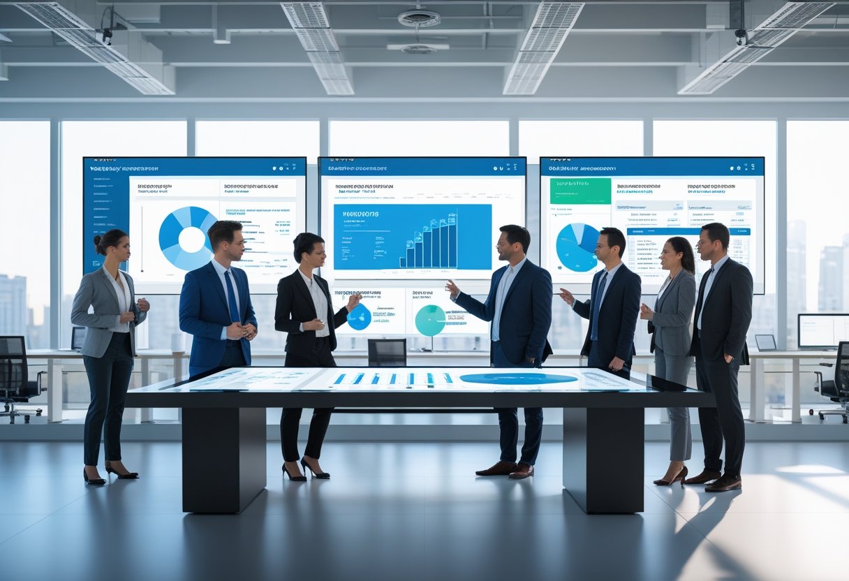 Business professionals collaborating around a digital touchscreen table displaying warranty data and software interfaces in a modern office.
